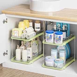 Delamu 2-Tier Multi-Purpose Bathroom Under Sink Organizers and Storage, Stackable Kitchen Pantry Organization, Pull Out Medicine Cabinet Organizer with Movable Dividers, Green, 2 Pack