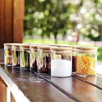 - Vency 12 Set Glass Jars Set, 220Ml With Bamboo Airtight Lids And Labels, Food Cereal Storage Containers For Home Kitchen Tea Herbs Pasta Coffee Flour Herbs Grains,Multicolor