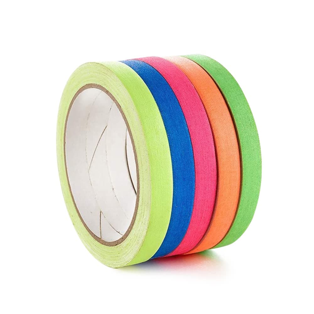 Spike Tape Set - 1/2" x 36' Neon Gaffer Tape, 5 Bright Colors | Dry Erase & Stage Floor Marking | Non-Reflective Pinstripe Tape for Hula Hoops, Theater, Sports.