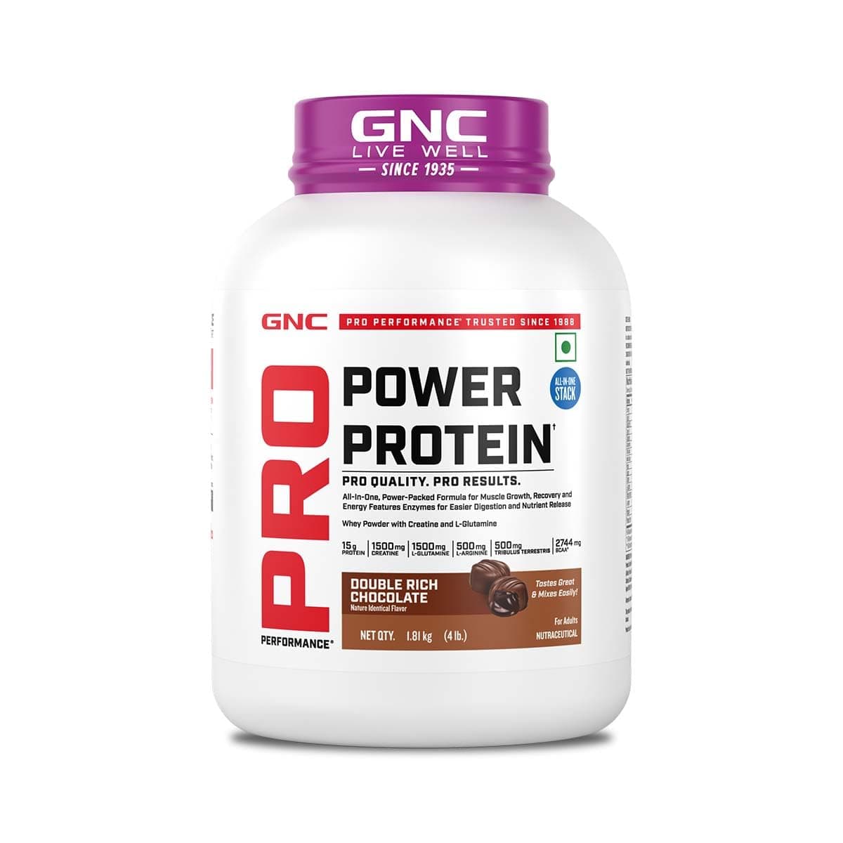 GNC Pro Performance Power Protein | 4 lbs/1.81 Kg | 6 In One Stack | 1500 Mg Creatine| No Added Sugar| 2744 MG BCAA | Informed Choice Certified | 30g Protein | 2.2g L-Glutamine | Energy Features Enzymes For Better Digestion | Double Rich Chocolate| Formulated In USA