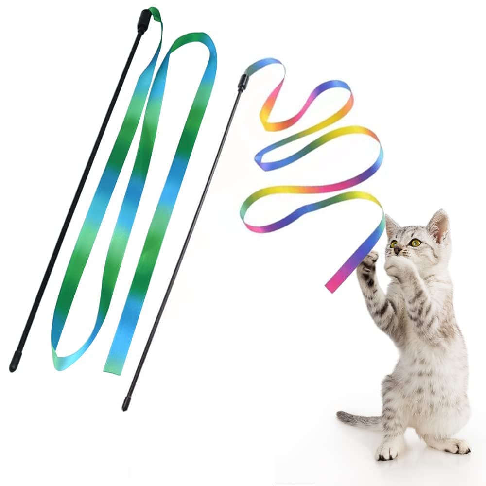 LASOCUHOO Interactive Cat Rainbow Wand Toys, Interactive Cat Teaser Wand String, Colorful Ribbon Charmer for Most Cats and Kittens - 2 PCS
