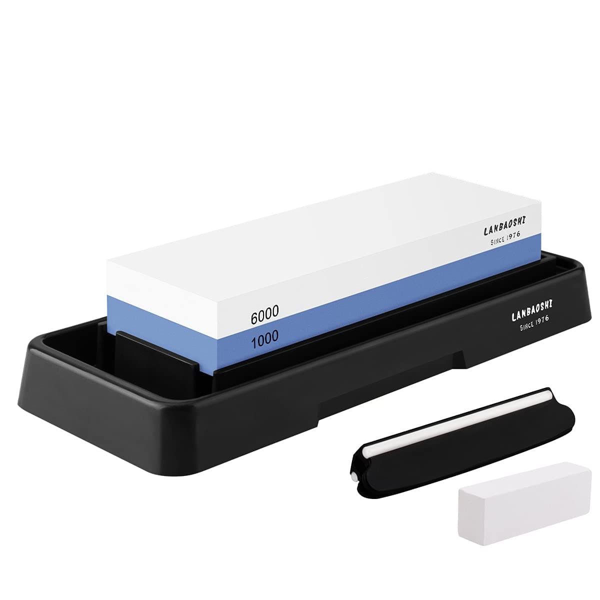 Knife Sharpening Stone, Whetstone Dual Sided 1000/6000 Grit Waterstone with Angle Guide Non Slip Rubber Base Holder, Knife Sharpeners Tool Kit for Kitchen Hunting (Blue + black)