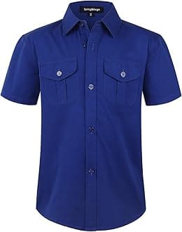 Spring&Gege Boys' Short Sleeve Button Down Shirts for Kids Woven Solid with Two Pockets