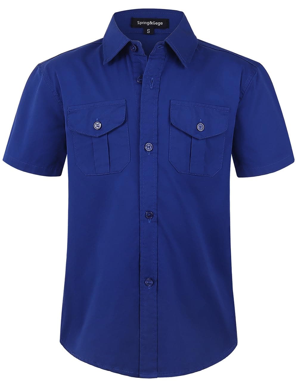 Spring&Gege Boys' Short Sleeve Button Down Shirts for Kids Woven Solid with Two Pockets