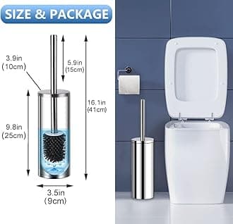 Toilet Brush, Silicone Toilet Brush and Container, Stainless Steel Rustproof Lid Handle, Toilet Brushes for Bathroom with Quick Drying Holder Set (Silver)