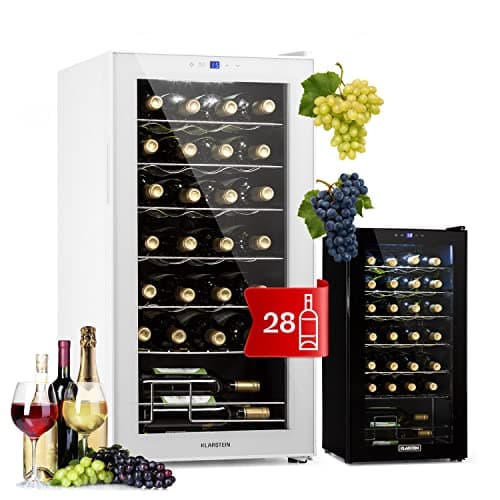 Klarstein Free-Standing Wine Cooler Drinks Fridge, 74L Single Zone Wine Fridges, Wine Prosecco & Beer Bottles, Wine Fridge with Glass Door, Indoor/Outdoor Bar Fridge and Wine Cooler, 28 Bottles