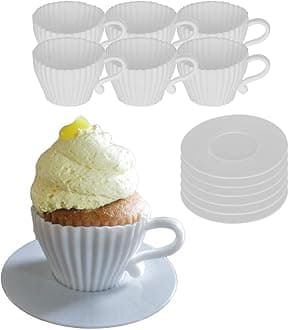 Evelots Teacup Silicone Cupcake Liners for Baking 12 Pc Set Oven Safe Non Stick (6 Cups & 6 Saucers) Reusable Baking Muffin Cups - BPA Free -2 Colors