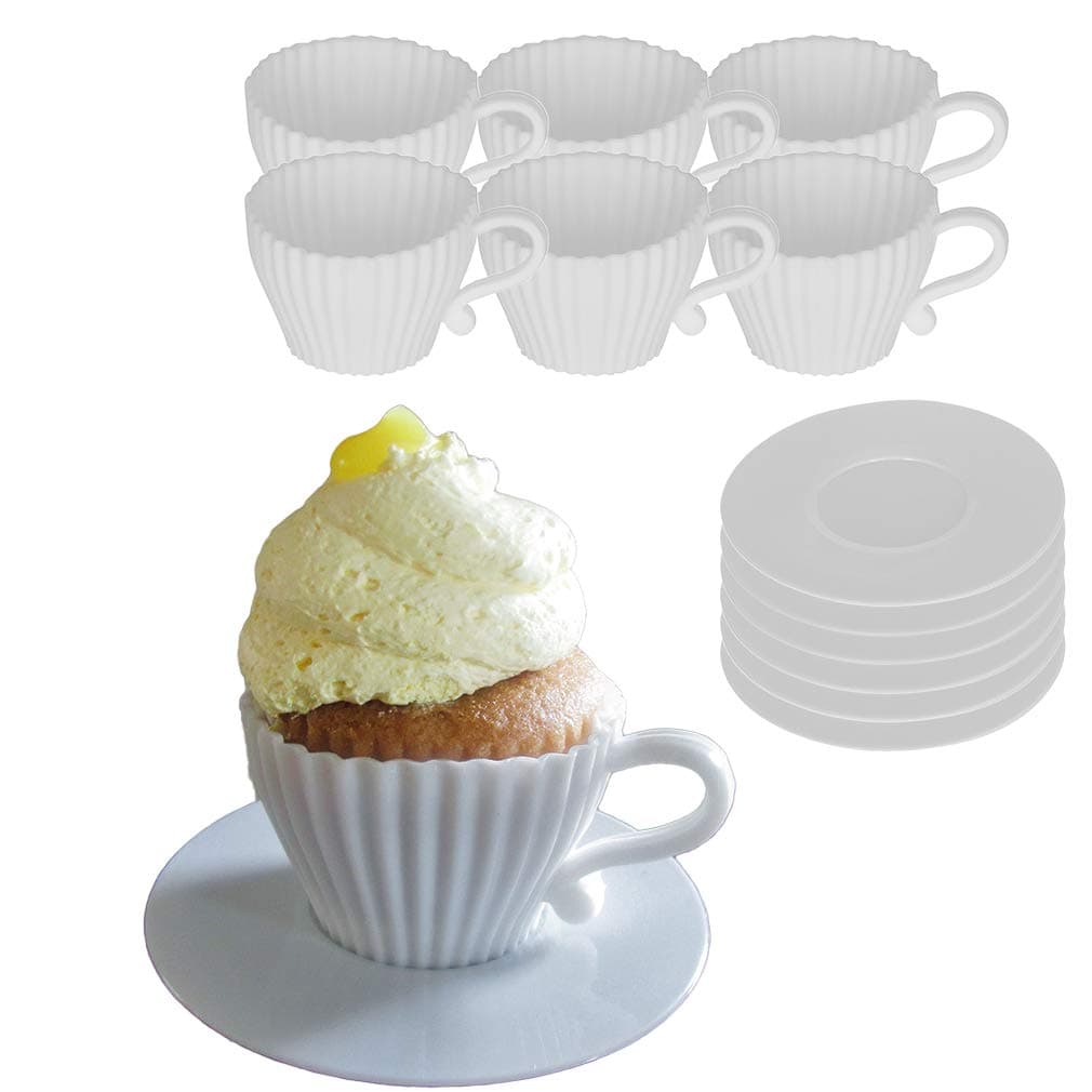 Baking Cupcake Molds - Silicone Teacup Set - 12 Pc Set - Oven-Safe - Nonstick - Muffin Cups for Bridal/Baby Shower, Birthday/Tea Party - 6 Cups & 6 Saucers - BPA Free