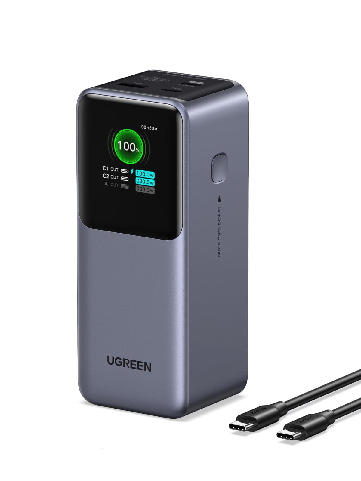 UGREEN Mobile Battery (20,000 mAh High Capacity, 130 W Fast Charging), 3 Ports: USB-C x 2, USB-A x 1, Innovative TFT Display, PD / PPS Compatible, Large Capacity, Vertical Design, Pass-Through/Low Current Modes, PSE Technology Standards Compliant, iPhone 17/16/15/Galaxy S26 Ultra/Macbook/Windows/Notebook/iPad/iPad/Android/Smartphone/Smartphone/ Laptop