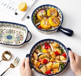 Bicuzat Vintage Style Tulip Flower Pattern Ceramic Bakeware Casserole Dish Baking Pan Lasagna Pans Baking Dish with Handles for Oven/Cooking/Kitchen-1 PCS-32 OZ