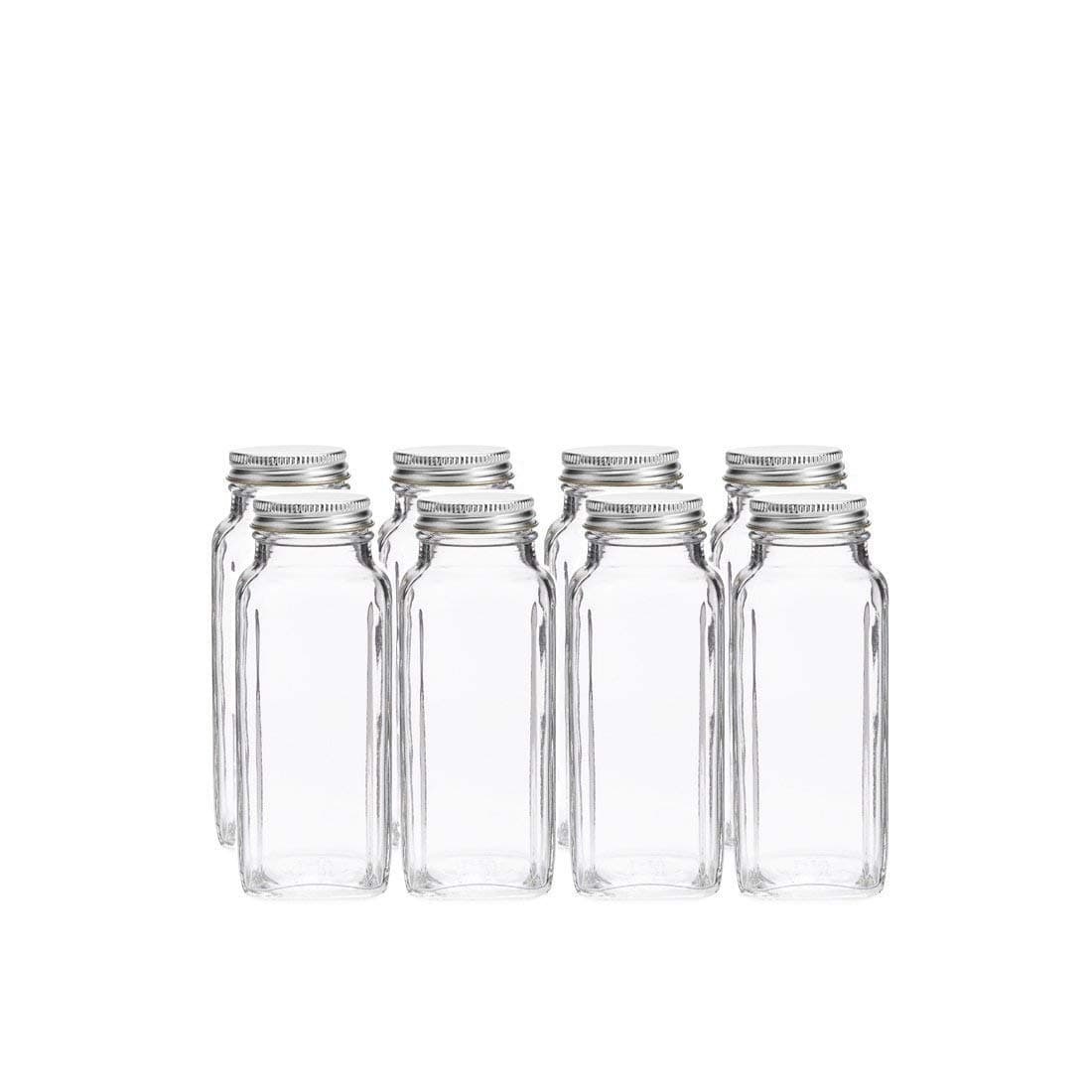 8 oz Spice Jars with Lids - Square Clear Glass Spice Bottles with Airtight Caps by SpiceLuxe (8 Pack, Silver cap)