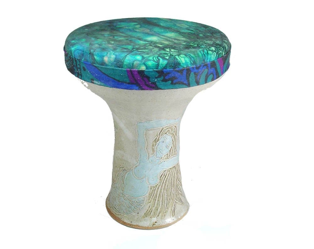Stoneware Mermaid Doumbek Darbuka Hand Drum, Goatskin Head