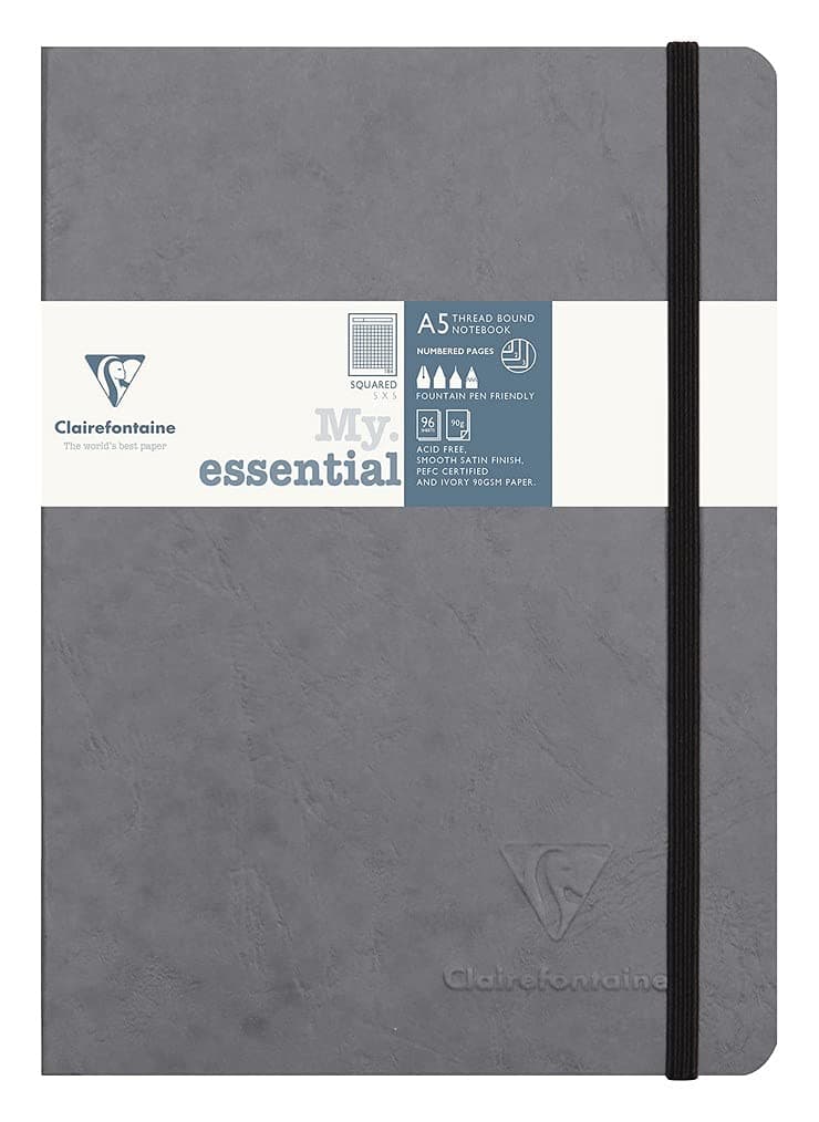 Clairefontaine MY ESSENTIALS Thread-bound Notebooks|A5, 90gsm, 192 pages|Gray-5x5|Luster Leather Grain Card Cover