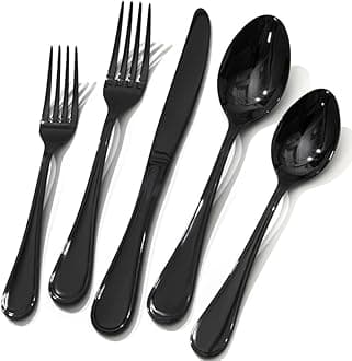 KINGSTONE 60 Piece Teardrop Silverware Set for 12, 18/10 Stainless Steel Flatware Set, Modern Design Cutlery Set for Home/Hotel/Wedding,Mirror Polished and Dishwasher Safe, Black