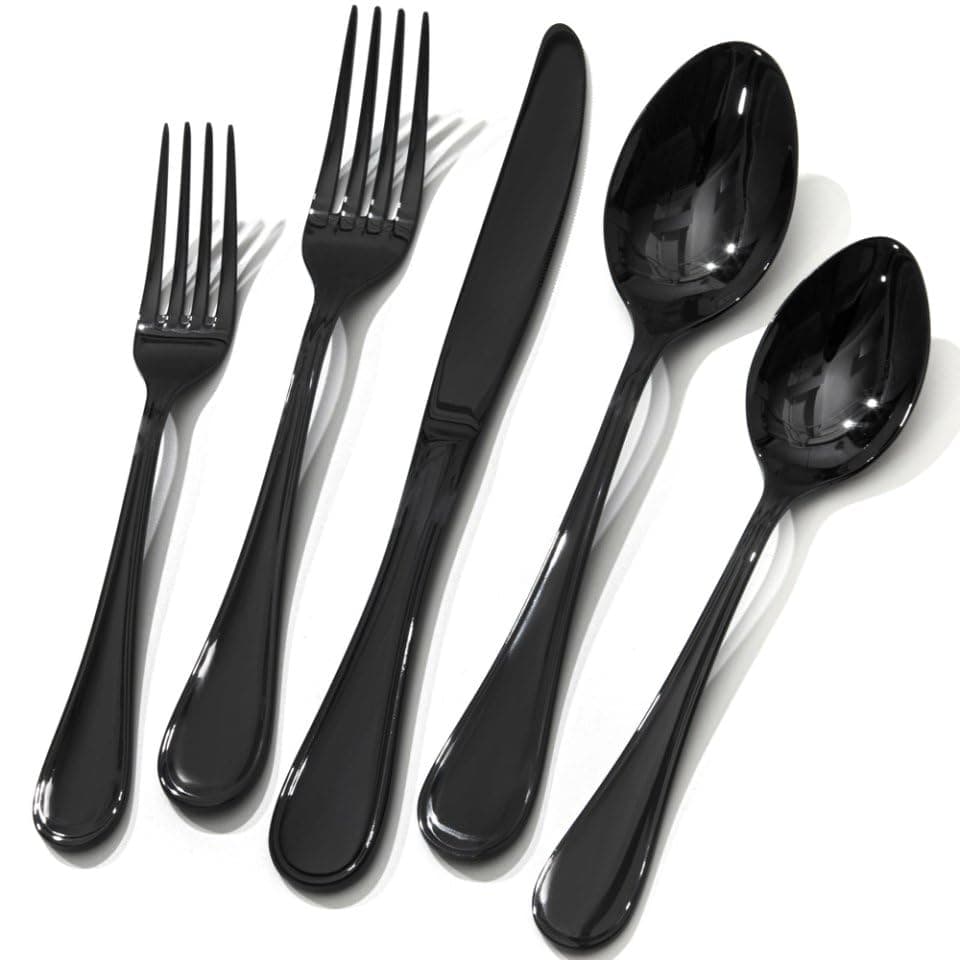 KINGSTONE 40 Piece Teardrop Silverware Set for 8, 18/10 Stainless Steel Flatware Set, Modern Design Cutlery Set for Home/Hotel/Wedding,Mirror Polished and Dishwasher Safe, Black