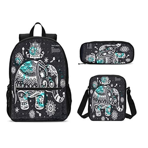 Indian Tribal Ethnic Elephant Kids Backpack Set 3 Piece Back To School 17 inch Plus Book Bag with Shouder Bag Pencil Case for Boys Girls 1-6th Grade