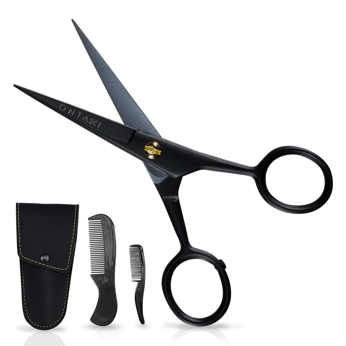 5" Professional German Beard & Mustache Scissors With 2 Comb & Carrying Pouch for Men Hand Forged Bevel Edge For Precision - Perfect Facial Hair Grooming Kit All Body Hair (Black)