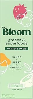 Bloom Nutrition Superfood Greens Powder Stick Packs, Digestive Enzymes with Probiotics and Prebiotics, Gut Health, Bloating Relief for Women, Chlorella, Green Juice Mix, 12 SVG, Variety