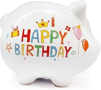 Piggy Bank, Mini & Small Cute Ceramic Coin Money Piggy Bank, Makes a Perfect Unique Gift, Nursery Décor, Keepsake, or Savings Piggy Bank for Kids, White (Happy Birthday Piggy Bank)