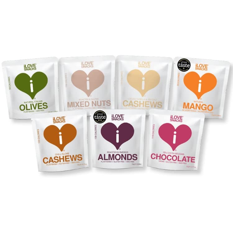 iLOVE SNACKS Variety Pack -7 snacks: Roasted & Smoked Almonds, Natural Mango, Natural Italian Olives, Roasted & Salted Mixed Nuts, Chilli & Lime Cashews, Cacao Vanilla & Sea Salt Cashews