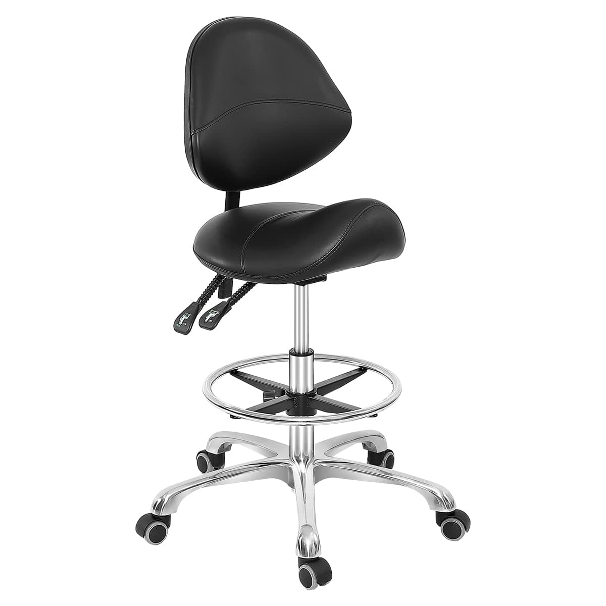 Grace&Grace Grace & Grace Professional Saddle Stool Chair with Back Support, Hydraulic Ergonomic Saddle Seat Stool with Wheels for Clinic Dentist Spa Massage Salons Studio (Black, with Foot Rest)