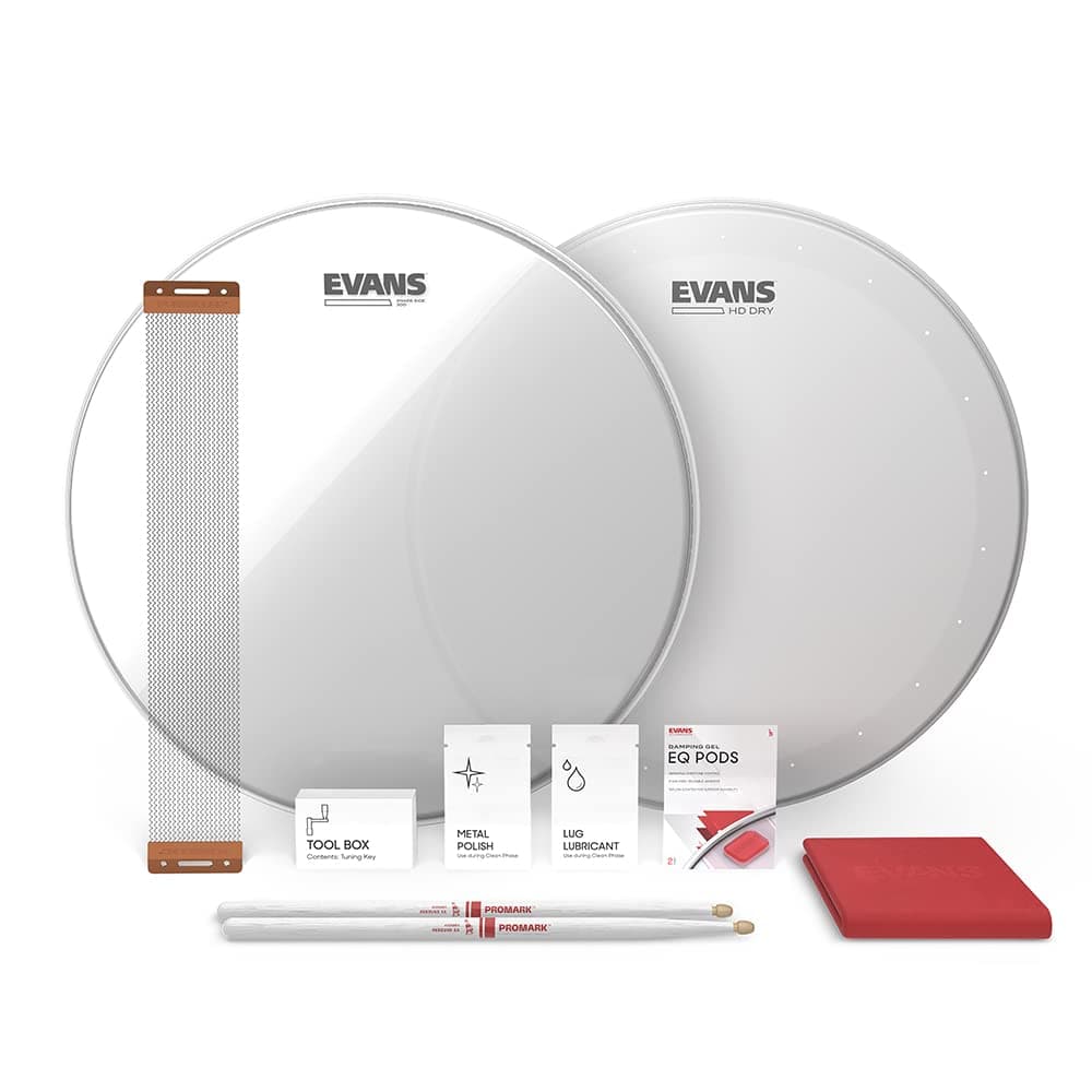 Evans Snare Drum Tune Up Kit - 14 Inch Snare Drum Heads - HD Dry and Clear Resonant Drumheads - EQ Pods - Snare Wires - Drumsticks - Maintenance Accessories