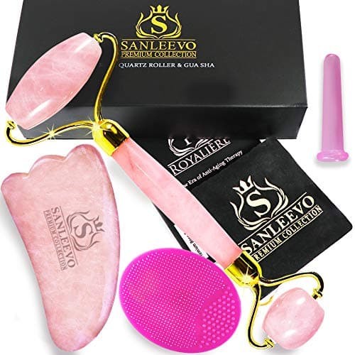 Jade Roller - Rose Quartz Face Roller and Gua Sha Facial Roller for Anti Aging - Face Roller for Slimming, Firming and Removes Wrinkles - Bonus Cleansing Brush Cupping by Sanleevo