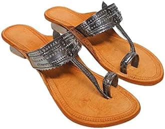 GenericWomen's Kolhapuri Chappals | Ethnic Leather Heels Kolhapuris for Women | WK14_10 Metallic