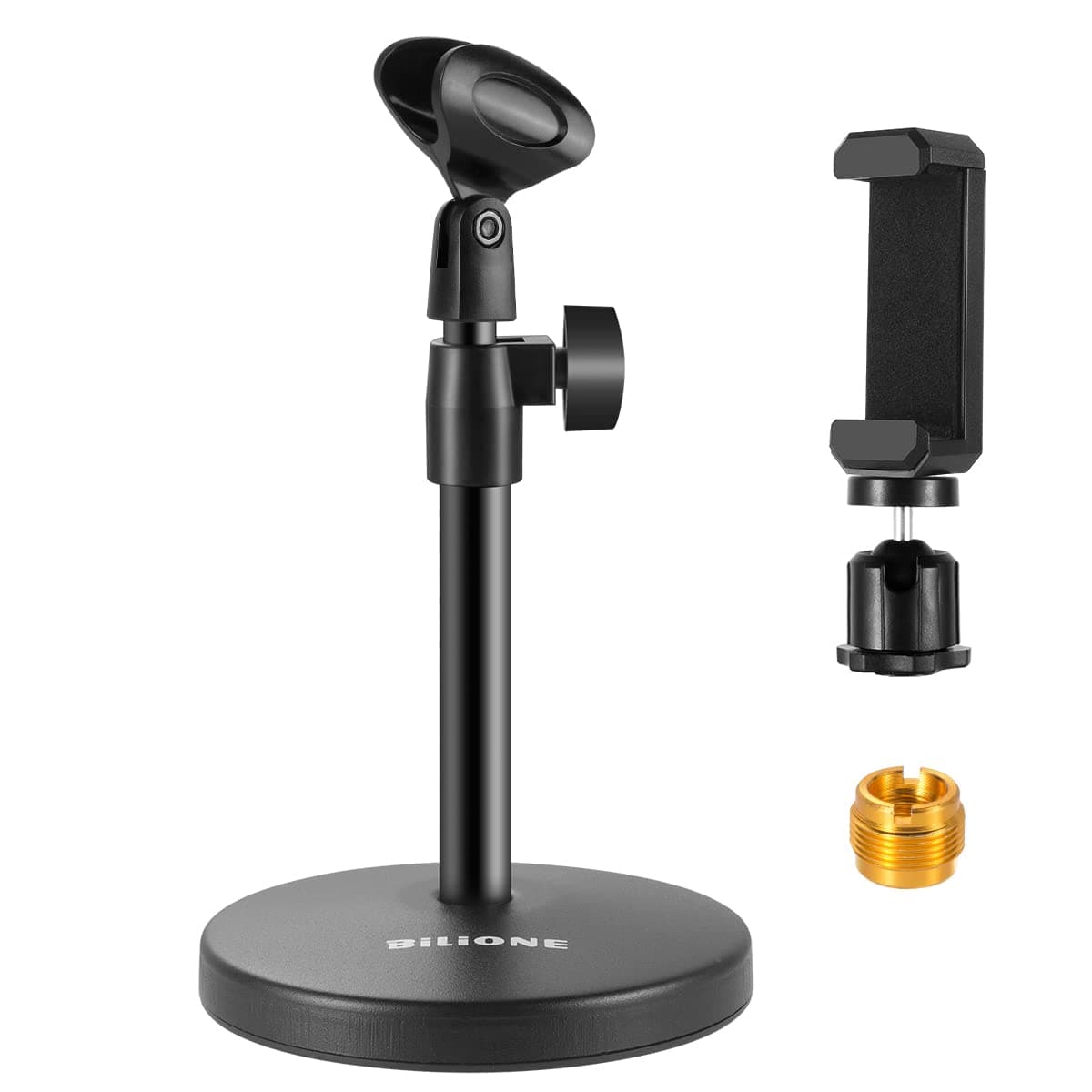 Bilione Upgraded Adjustable Microphone Stand, 3 in 1 Desktop Stand with Microphone Clip, Cell Phone Clip, 5/8" Male to 3/8" Female Metal Adapter