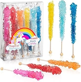Magical Rainbow Rock Candy Sugar Sticks - 10 Individually Wrapped Party Favors - Assorted Colors