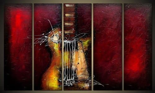 ClassiceDecorArt Guitar Passion Extra Large Modern 5 Panels 100% Hand Painted Framed Contemporary Music Oil Paintings on Canvas Wall Art Ready to Hang for Living Room Home Office Decorations XL