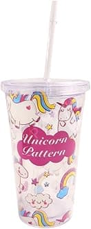 PLUSPOINT Unicorn Sipper Water Drinking Cup 18oz/550ml BPA Free, Wide Mouth, Travel Beverage Cup with Straw Lid, Lightweight, Water Bottle with Cute Glitter Print Design For Girls & Boys