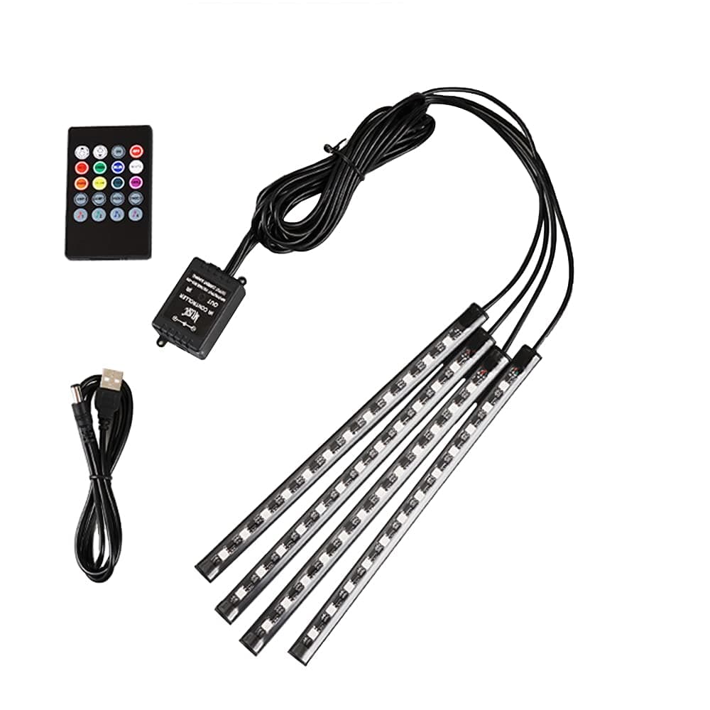USB Car LED Atmosphere Lights, DC 5V 4pcs / 48 LED Interior Lights, Multicolor Music Car Strip Light, Under Dash Lighting Kit with Sound Active Function and Remote Controller