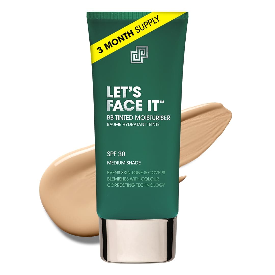 Mens BB Tinted Moisturiser, Vegan Makeup for Men, Natural Coverage for Redness & Blemishes, 24hr Moisturisation with SPF, Easy Application, Medium Shade, 50ml. Aka. LET'S FACE IT