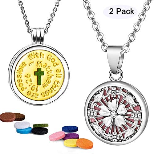 2 Pieces Fragrance Aromatherapy Essential Oil Prume Diffuser Necklace Locket Pendant Outfitters with 24 Inch Chain & 10 Refill Pads (Cross Photo Charm Pendant& Flowers)