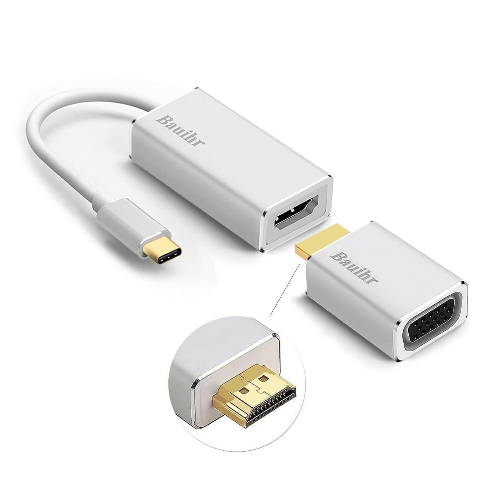 USB Type C to HDMI VGA Adapter 4K, Bauihr Active HDMI to VGA Adaptor USB-C 3.1 Male to HDMI VGA Female Converter for 2017/2016 Macbook Pro/Chromebook Pixel/Dell XPS/HP Spectre to TV Monitor Projector