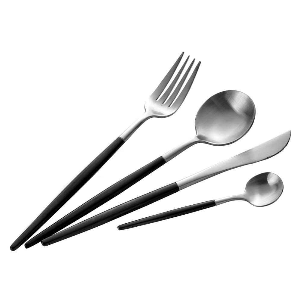 Cutlery, Stainless Steel Matte Flatware, 4 Pieces set, Knife, Fork, Round Spoon, Coffee Spoon, Silver and Black, Sharpened Handle