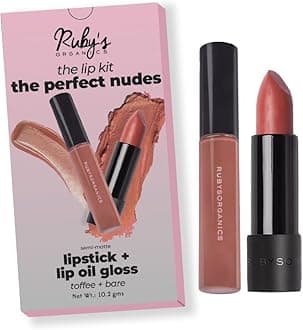 Ruby's Organics Lip Beauty Gift Kit- The Perfect Nudes Combo Pack of Lipstick & Lipgloss, Moisturizing, Long Lasting, Non Sticky & Non Drying, Glossy Texture, Natural Lip Makeup - Bare and Toffee