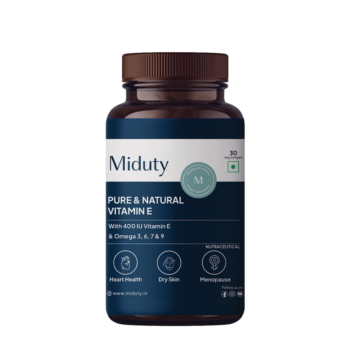 Miduty Vitamin E with Sea Buckthorn Berry Oil | D-Alpha Tocopherol from Natural Sunflower Oil | Omega 3, 6, 7 & 9 | Antioxidant Support for Skin & Heart Health | 30 Veg Softgels