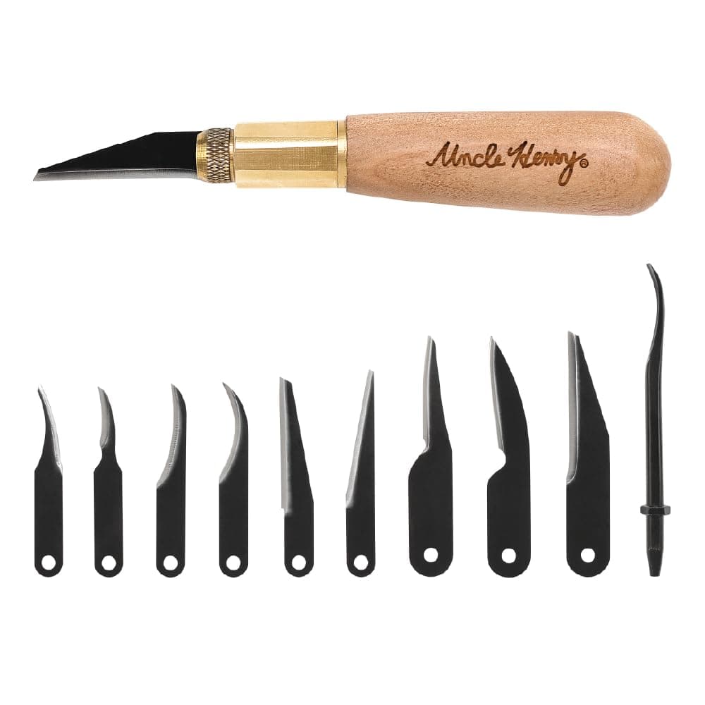 Uncle Henry 22UH Deluxe Wood Carving Kit with 10 Interchangeable High Carbon S.S. Blades, Secure 3-Way Brass Attachment System, Detail Knife Tool for Wood Carving, Marking, Whittling, and Woodworking