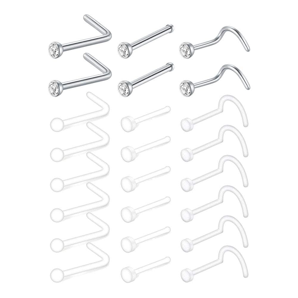 24 Pcs Clear Nose Studs 20G Bioflex Retainers Acrylic & Stainless Steel CZ Flexible Nose Retainers Studs L Shaped Nose Rings Bone Pin Nose Studs Screw For School Work
