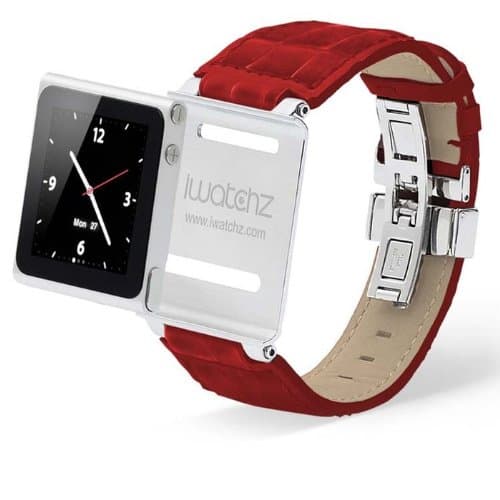 STLREDDYTP Timepiece Stainless Leather Watch Strap for iPod nano 6th Gen with Deploy (Red)