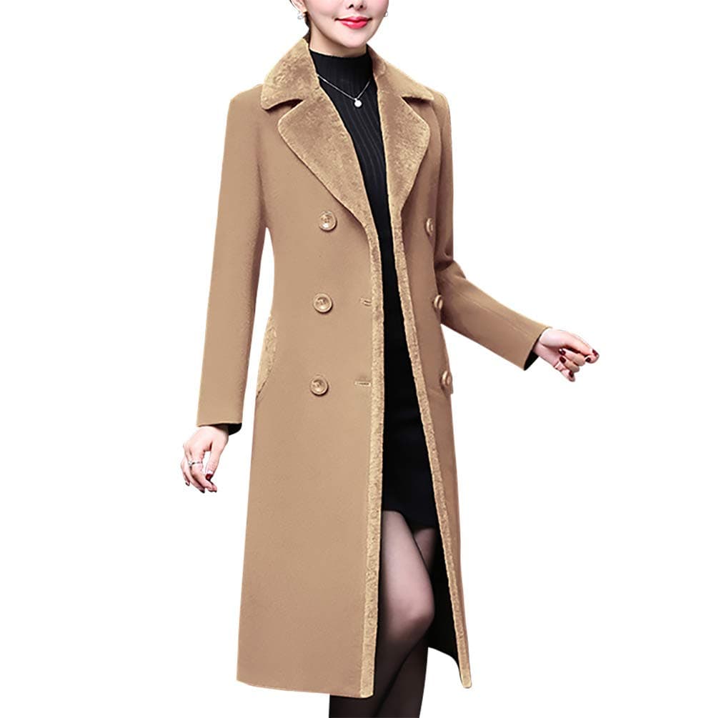 Aprsfn Women's Double-breasted Notched Lapel Midi Wool Blend Pea Coat Jackets