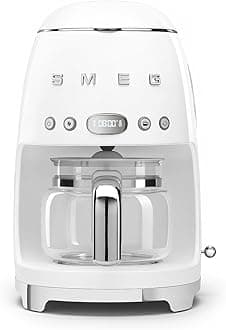 Smeg 50's Retro Style Aesthetic Drip Coffee Machine with 10 Cup Glass Carafe, Auto Start Feature, Keep Warm Plate, and Two Coffee Strength Settings (White)