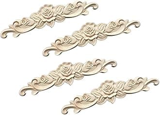 4 Pcs British Farmhouse Style Wooden Roses Decorative Mouldings Furniture Wood Carved Rose Applique for Furniture Bed Door Decoration (30 * 7cm)