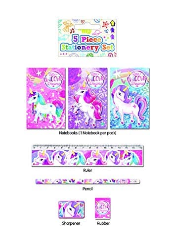 5 Piece Stationery Set - Pencil, Sharpener, Rubber, Ruler, Notepad (Unicorn)