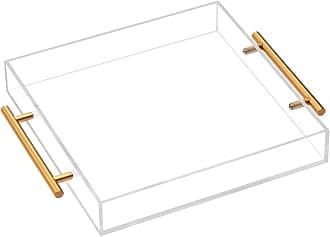 Clear Acrylic Lucite Serving Tray with Metal Handles,No Need to Assemble,12x12 Inch,Decorative Storage Organizer with Spill-Proof Design,Serving for Coffee,Breakfast,Dinner and More