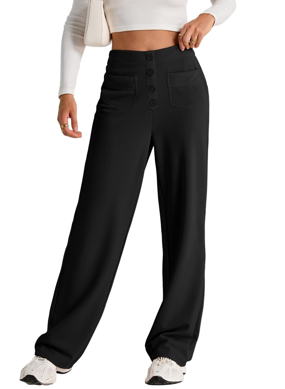 EVALESS Womens High Waist Button Stretchy Work Pants Straight Leg Office Dress Pant Business Casual Trousers with Pocket