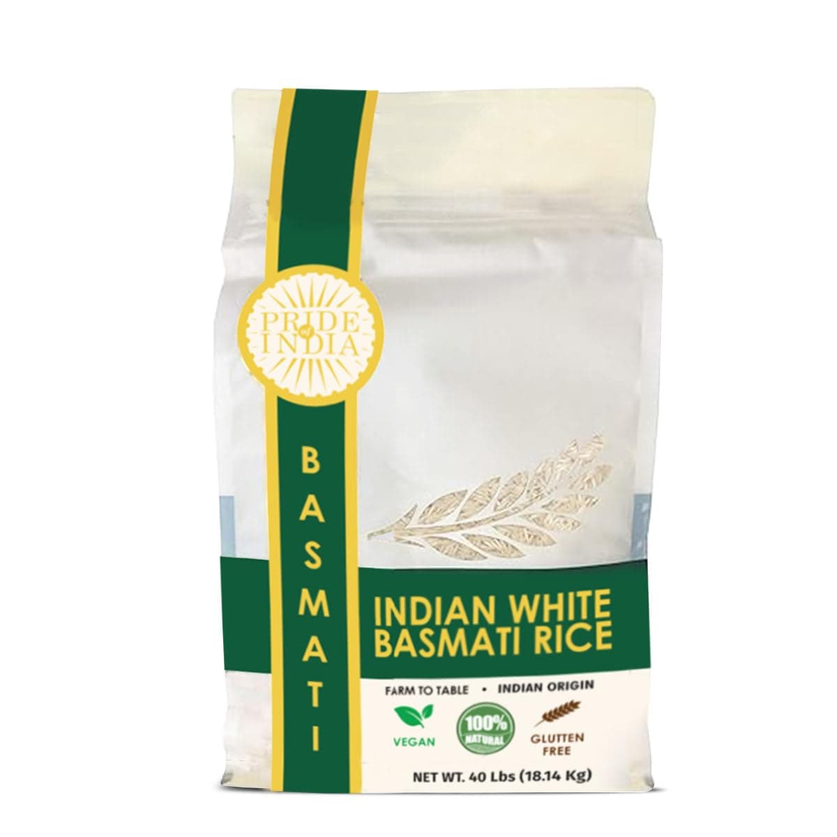 Pride Of India - Extra Long Indian Premium White Basmati Rice, 40 Pound (18.14 Kilo) Non Woven Cloth Bag - Naturally Aromatic, Aged, Flavorful, Slender, Non Sticky Grains - 400+ Servings