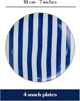 GOLDEN QUEEN'S Snack Plates Set of 4 | Perfect for Snacks, Desserts, Appetizers, Salads, Tapas, Cheese | 7 inches Wide | Microwave Safe (Blue Stripes)